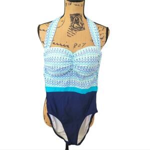 Small Helen Jon Navy Blue White & Green One Piece Halter Swimsuit